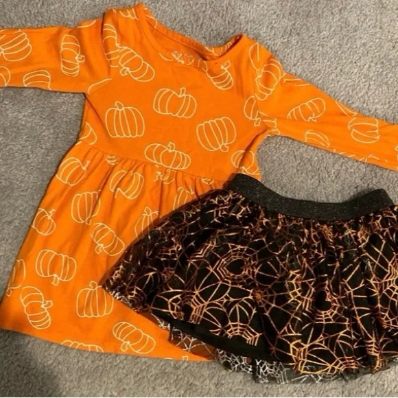 Cat & Jack Pumpkin Dress and Spider Web Skirt Halloween/Fall Small Lot (2) - Picture 1 of 7